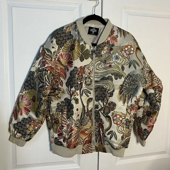 Hood Crew Bomber Jacket Mens Satin Embroidered Floral Bird Full Zip - Picture 3 of 7
